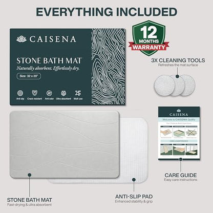 Extra Large Stone Bath Mat 32 x 20 Inch | Quick Dry Diatomaceous Earth Bath Mat | Includes Anti Slip Pad & Restoration Kit - A Quick Dry Bath Mat & Cleaner Alternative to Fabric | Light Gray XL