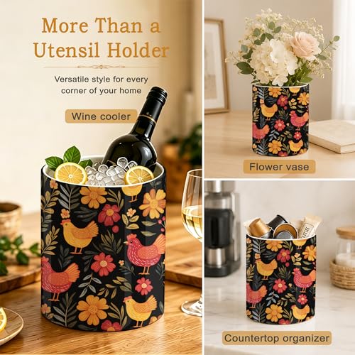 Rooster Hen Kitchen Utensil Holder,Flower Ceramic Utensil Crock for Countertop,Cooking Tools Storage jar for Spatulas and Spoons,Housewarming Gifts 6.3" - color: Rooster Hen Flower