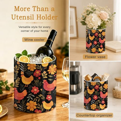Rooster Hen Kitchen Utensil Holder,Flower Ceramic Utensil Crock for Countertop,Cooking Tools Storage jar for Spatulas and Spoons,Housewarming Gifts 6.3" - color: Rooster Hen Flower