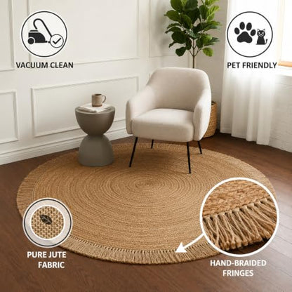 Hand Woven Jute Round Rug, Natural Reversible Boho Area Rug for Entryway, Kitchen, Living Room and Bedroom I Farmhouse Indoor Floor Rug - 5ft, Circular - size: 5' (Round)