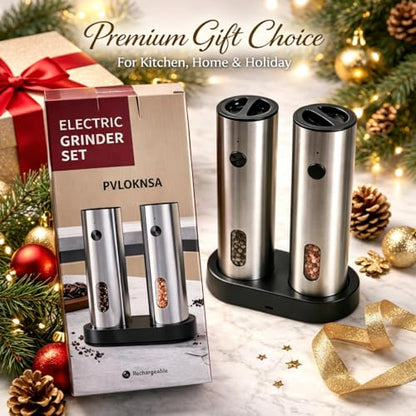 Electric Salt and Pepper Grinder Set with Rechargeable Base, Stainless Steel Automatic Pepper Mill, Large Capacity with LED Light & Adjustable Coarseness, Ideal for Kitchen, Outdoor & BBQ Gifts