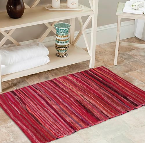 Chindi Woven Rug 2x3 Feet - Red | Cotton Throw Rugs for Kitchen, Entryway, Easy Care Small Boho Mat - color: Red, size: 2 x 3 feet