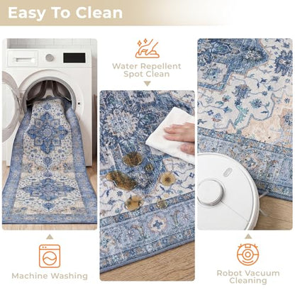 3 Piece Kitchen Rugs Sets with Runner, Washable Non Slip Soft Boho Kitchen Mats, Low Pile Stain Resistant Carpet for Hallway, Laundry Room, Entryway (20"x32"+20"x48"+20"x59", Blue Beige Cream) - color: Blue Beige Cream