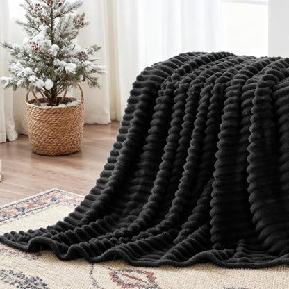 Nookly Black Twin Size Fleece Blanket, Soft Lightweight Ribbed Plush Bed Blanket, Cozy All-Season Striped Fleece Twin Throw for Bedroom and Home, 60x80 Inches - color: Black, size: Twin(60"x80")