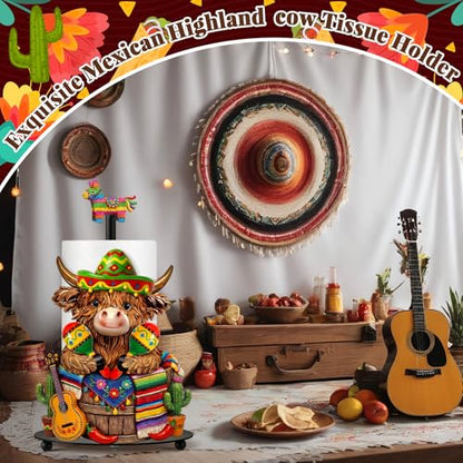 Cinco De Mayo Highland Cow Paper Towel Holder Mexican Taco Fiesta Kitchen Bathroom Decor Rustic Dispenser Kitchen Paper Holder Stand with Round Base for Countertop Toilet Home Accessories - style: Mexican
