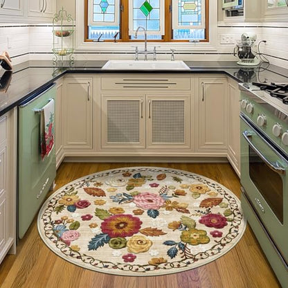 Washable 4ft Round Area Rug Beige Boho Floral Non-Slip for Bedroom, Kitchen | Soft Low-Pile Carpet for Pet Feeding Areas, Bathroom, Entryway, Nursery, Kid & Pet Friendly, Stain, Fade & Wear Resistant - color: Beige, Cream, Mustard, Brick Red and Blue, siz