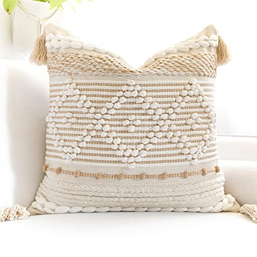 Cream White Boho Throw Pillow Cover 20X20, Boho Woven Textured Pillow Cover, Neutral Pillow Cover, Sofa Couch Bed Farmhouse Lumbar Pillow (Cover ONLY) - color: Cream, size: 20" x 20" (Pack of 1)