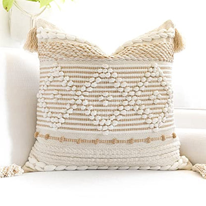 Cream White Boho Throw Pillow Cover 20X20, Boho Woven Textured Pillow Cover, Neutral Pillow Cover, Sofa Couch Bed Farmhouse Lumbar Pillow (Cover ONLY) - color: Cream, size: 20" x 20" (Pack of 1)