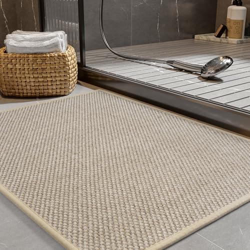 PADOOR Non-Slip Bath-Mats, Rubber-Backing Braided Absorbent Bathroom Mat Machine Washable Thin Bathroom Rugs Fit Under Door Quick Dry Bath Rugs for Floor, 17''x24'' Light Beige - color: Light Beige, size: 17''x24'' Rectangular