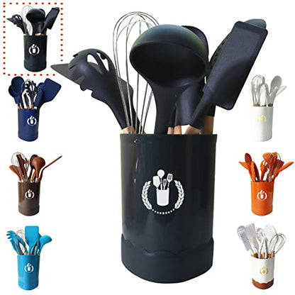 Black Silicone Kitchen Cooking Utensils Set, Heat Resistant Silicone Kitchen Gadgets Utensils Set with Wooden Handle,Silicone Spoons Spatula Whisk with Holder for Nonstick Cookware - color: Black 11p
