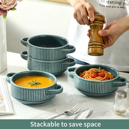 Soup Bowls with Handles, 23 oz French Onion Soup Crocks, Stackable Soup Bowl Oven Safe for Chili, Beef Stew, Embossment Ceramic Bowl Set - 5.4 Inch, Set of 4,Light blue - color: Light Blue