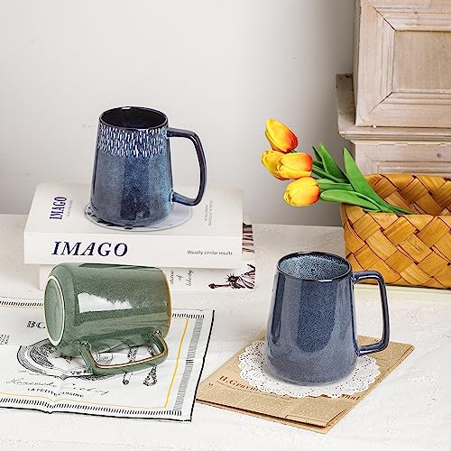 Large Ceramics Coffee Mugs,24 OZ,With Spoon And Wooden Lid,For Coffee,Tea,Cocoa,Large Handle Design,Microwave And Dishwasher Safe(Color:24 oz green set) - color: 24 oz green set