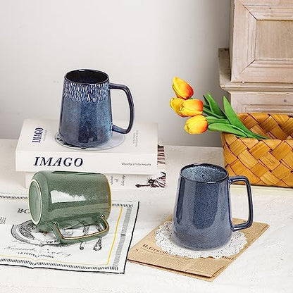 Large Ceramics Coffee Mugs,24 OZ,With Spoon And Wooden Lid,For Coffee,Tea,Cocoa,Large Handle Design,Microwave And Dishwasher Safe(Color:24 oz green set) - color: 24 oz green set