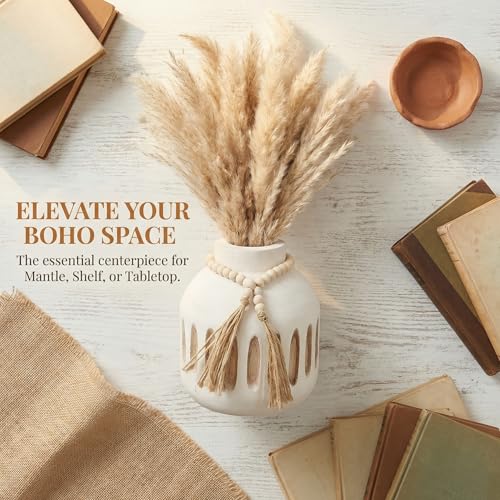 Handmade Wooden Vase with Decorative Beads and Tassels | Rustic Farmhouse Style, Farmhouse vase, Boho vase