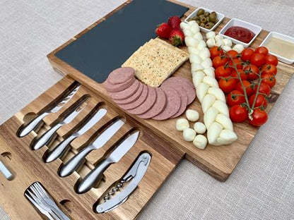 Personalized Acacia Wood Charcuterie Board Set – Large Slate Cheese Board with Knife Drawer – Custom Wedding, Anniversary, Thanksgiving & Christmas Gift - color: Design #40