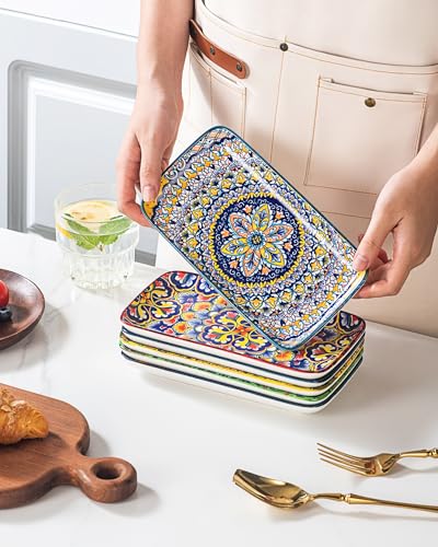 Boho Ceramic Rectangular Appetizer & Sushi Plates Set of 6, 8 Inch | Ideal for Desserts, Cake, Fruit, Snacks & Small Side Dishes, Microwave & Dishwasher Safe, Assorted Patterns - size: 8 Inch