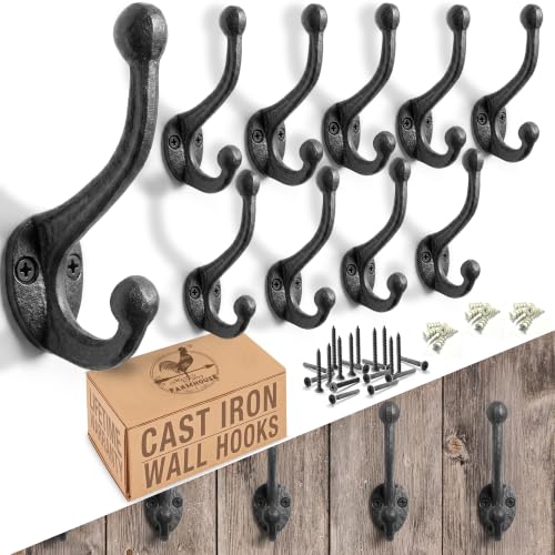 Rustic Cast Iron Coat Hooks (10 Pack) Wall Mounted Farmhouse Decorative Wall Hooks, Vintage Hooks for Hanging Coats, Bags, Hats, Towels (Antique Black) - size: Large Simple - Set of 10