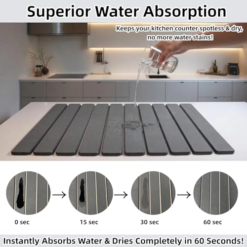 Large Stone Dish Drying Mat for Kitchen Counter Sink Bathtub, Diatomaceous Earth Food Grade Super Absorbent Self-Drying Fast Dry, Foldable Easy-to-Clean Eco-Friendly Drying Pad, 24"×16", Dark Gray