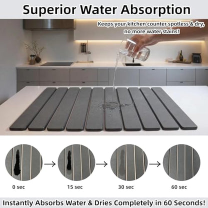 Large Stone Dish Drying Mat for Kitchen Counter Sink Bathtub, Diatomaceous Earth Food Grade Super Absorbent Self-Drying Fast Dry, Foldable Easy-to-Clean Eco-Friendly Drying Pad, 24"×16", Dark Gray