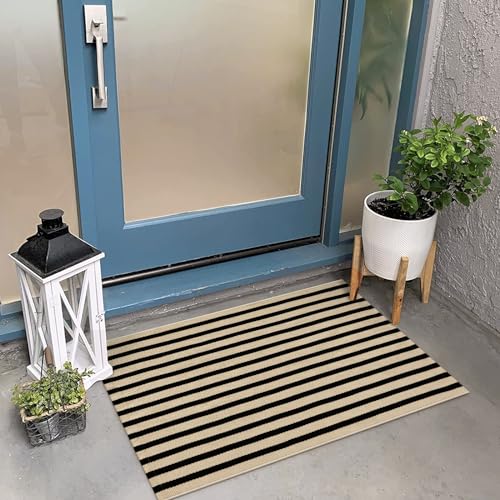 KIMODE Front Door Mats Outdoor Fall Front Porch Rug Welcome Doormats | 24"x35", Black and Khaki,Striped,Farmhouse,Fall Outdoor Porch Decor,Washable,Cotton Hand Woven,Rugs for Entryway Autumn Decor - color: Black/Khaki Stripes, size: 2' x 3' (Rectangular)