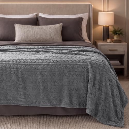 Bare Home Faux Shearling Blanket (Full/Queen, Cable Grey) | Blanket for Bed, Sofa, Couch, Camping, Travel, and Gifts, Warm & Lightweight, Fluffy & Soft - color: 11 - Cable Grey, size: Full/Queen