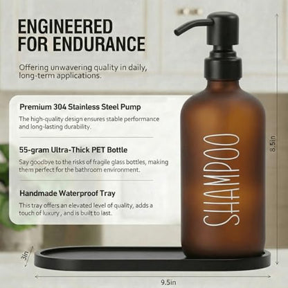 MOMEEMO Amber Shampoo and Conditioner Bottles with Tray | Shower Bottles Refillable with Labels, Hotel Shampoo and Conditioner Dispenser for Shower, Body Wash Container with Pump - color: Amber Black