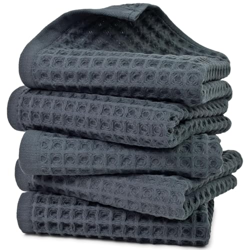 Jacquotha Waffle Hand Towels for Bathroom 5-Piece (Charcoal Blue) | Cotton Quick Dry Lint Free Face Towels 13” x 29” - color: Charcoal Blue