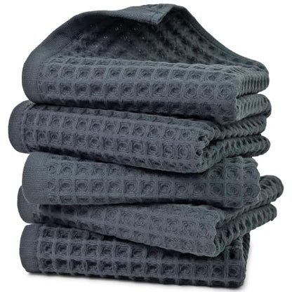 Jacquotha Waffle Hand Towels for Bathroom 5-Piece (Charcoal Blue) | Cotton Quick Dry Lint Free Face Towels 13” x 29” - color: Charcoal Blue