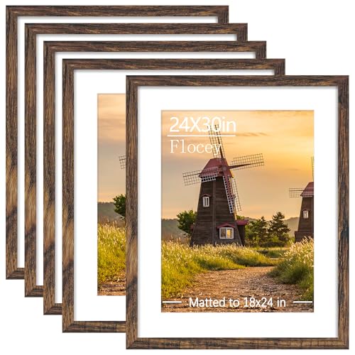24x30 Picture Frame Set of 5, Rustic Brown Poster Frame, Display Pictures 18 x 24 with Mat or 24 x 30 Without Mat for Horizontal or Vertical Wall Mounting, Wall Gallery Frame - color: Rustic Brown, size: 24x30-5PACK