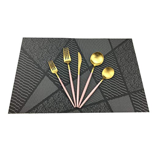 Natural Placemats Woven Vinyl Non-Slip Insulation Heat Stain Resistant Washable Table Placemats Kitchen Dining Table Top Meal Mat Place Mats PVC Set of 6, Natural Black Wood Color - color: Black