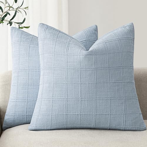 Foindtower Set of 2 Decorative Linen Check Throw Pillow Covers Neutral Farmhouse Vintage Cushion Covers Modern Boho Accent Home Decor for Sofa Chair Couch Bedroom Living Room,16×16 Inch,Sky Blue - color: Sky, size: 16" x 16" (Pack of 2)