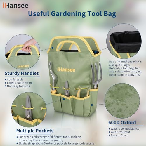 Green Garden Tools Set 12-Piece, Gardening Gifts for Women Men | Aluminum Gardening Hand Tools with Non-Slip Ergonomic Handle, Apron, Gloves, Kneeling Pad and Storage Bag, Garden Starter Kit - color: green
