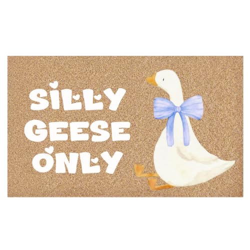 Funny Silly Goose Welcome Door Mat, Cute Blue Bow Vintage Gosse Farm Animal Decorative Artificial Coco Coir Doormat for Indoor Outdoor Porch Front Door Entrance Outside, 17x30 in