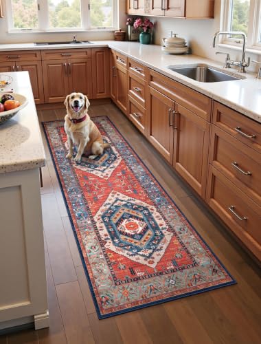 SERISSA 2x6 Washable Non Slip Boho Runner Rug for Hallway，Rust | Ultra Soft Vintage Oriental Carpet Low-Pile Tribal Floor Carpet for Kitchen Bedroom Bathroom Laundry Living Room - color: Rust/Multi, size: 2' x 6' (Runner)