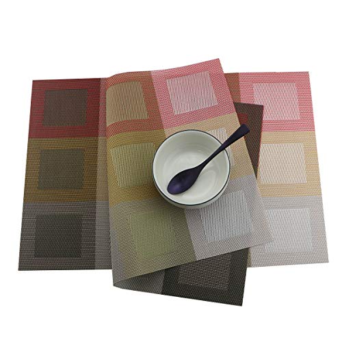 Set of 6 Placemats for Dinning Table, Luxury PVC Woven Vinyl Table Mats,Washable and Heat Insulation Kitchen Place Mats (6 pcs, Gold) - color: Red-square