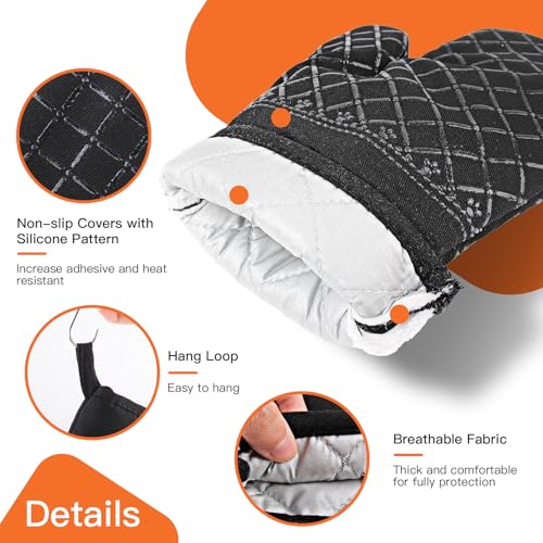 Philorn Oven Mitts and Pot Holders Kitchen Oven Glove | High Heat Resistant 260℃ Extra Long Oven Mitts and Potholder with Non-Slip Silicone Surface for Baking, Cooking, BBQ (Black) - color: Black