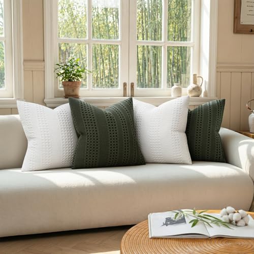a moment 2 Pack Bamboo Fiber Pillow Covers - Waffle Weave, Ultra Soft & Breathable, Skin-Friendly Cotton Throw Pillow for Couch, Sofa, Bedroom Living Room 20x20 Inch White - color: White, size: 20" x 20" (Pack of 2)