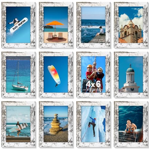 Vittanly 4x6 Picture Frames Set of 12, Wall & Tabletop, Distressed White | Display Pictures 3.5x5 with Mat or 4x6 without Mat, Small Photo Frames, Engineered Wood with Shatter Resistant Plexiglass - color: Distressed White, size: 4x6