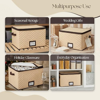 Wine Glass Storage Box with Dividers, Holds 12 Glasses up to 3.75" Wide | 2 Pack, Stemware Storage Case, Protects Fine China, Durable Quilted Microfiber, Carry Handles, Ideal for White Wine - size: Red & White Wine, style: 2 Pack