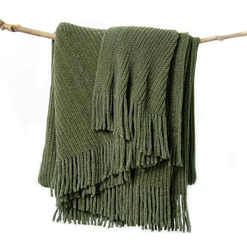 lifein Throw Blanket for Couch, Soft Green Boho Decor Bed Throw,Cozy Knitted Chenille Farmhouse Lightweight Throw(Olive Green,50 * 60") - color: C-dark Green, size: 50*60''