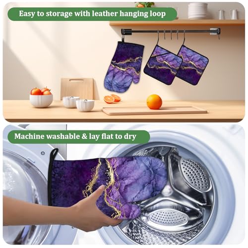Purple Gold Marble Oven Mitts and Pot Holders Sets 4 Pcs Silicone Kitchen Gloves Heat Resistant Potholders for Baking Grilling BBQ - color: Purple Marble