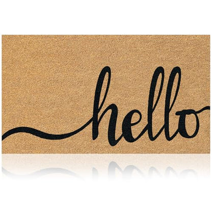 Coir Welcome Mat, Non-Slip, Hello Classic 2, 17 x 29 in | 100% Natural Coir, Anti-Shedding, Durable PVC Backing, Traps Dirt and Mud, Indoor and Outdoor Entryway, Easy to Clean - color: Hello Classic 2