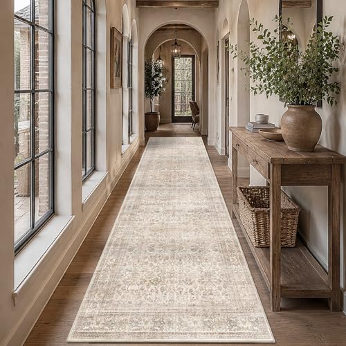 Schweek 3x12 Hallway Runner Rugs Washable Beige Kitchen Runners Non Slip | Low Pile Soft Stain Resistant Runner Rug, Neutral Floral Rugs, Indoor Long Carpet for Bedroom, Laundry Room, Living Room - color: Beige, size: 3' x 12' (Runner)