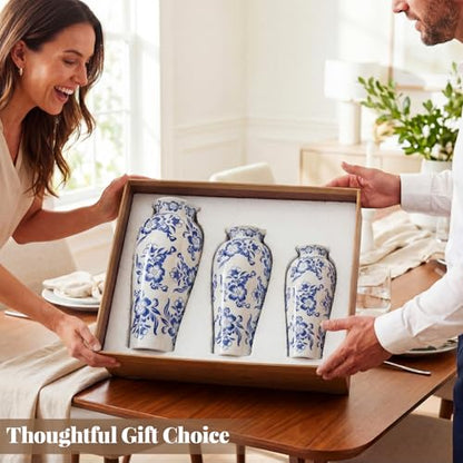 LemonRoad 3 Pack Chinoiserie Vases Porcelain Blue and White Vases for Flowers Pottery Chinoiserie Ceramic Vase for Living Room Mother's Day Decor Table Centerpiece, 6.7", 8.3", 10"(Lotus) - style: Lotus