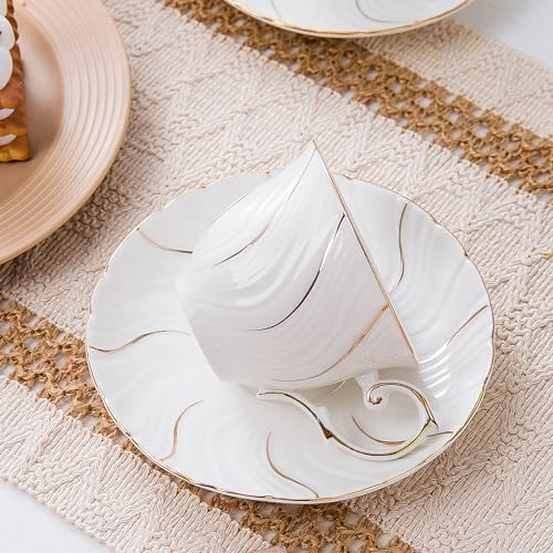 Agyiuns 6 Sets 6oz Porcelain Tea Cups Saucers，White with gold thread Tea Cups for Tea,Coffee - color: White with gold thread-set of 6