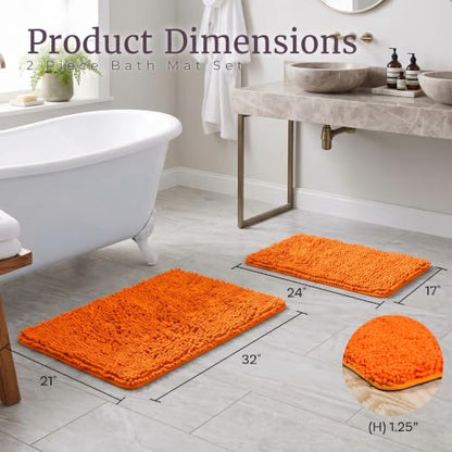 2 Piece Bathroom Rug Set - 32x21 Inch and 24x17 Inch Memory Foam Bath Mats with Chenille Shag Top for Stylish Bathroom Decor - Machine Washable Bath Rugs Set of 2 by Lavish Home (Orange)