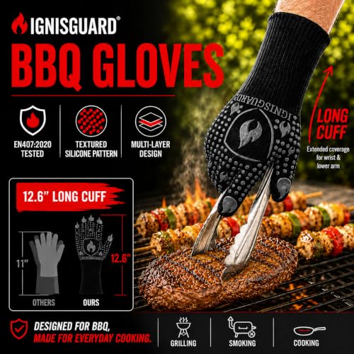 IGNISGUARD® BBQ Gloves, Heat Resistant Grill Gloves, 1 Pair, Gray (M) | EN407:2020 tested with textured silicone grip, three-layer construction and long knit cuff for added wrist coverage. - color: Gray, size: Medium