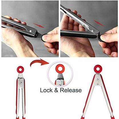 Cooking Tongs 9" and 12" Stainless Steel Kitchen Silicone Serving Tongs | Heat Resistant Meat Turner Spatula Tong Fish Tongs for Grilling Steak Salad Pasta Buffet Serving (Red) - color: Red, size: 9 & 12 inch