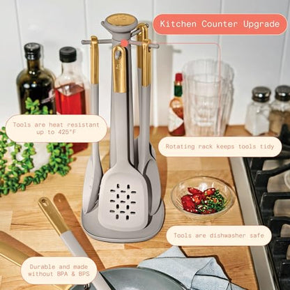 6 Piece Silicone Kitchen Utensil Set with Rotating Holder, Heat Resistant Cooking Tools, Nonstick Safe Spatula Spoon Turner Set with Storage Rack (Porcini Taupe) - color: Porcini Taupe