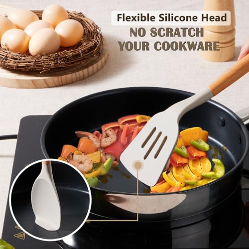 E-far Silicone Cooking Utensils Set, 10-Piece Heat Resistant Kitchen Utensils Set with Wooden Handle for Nonstick Cookware, Kitchen Nonstick Tools Spatula Whisk Tongs Ladle, Non-toxic & Healthy(Khaki) - color: Khaki, size: 10